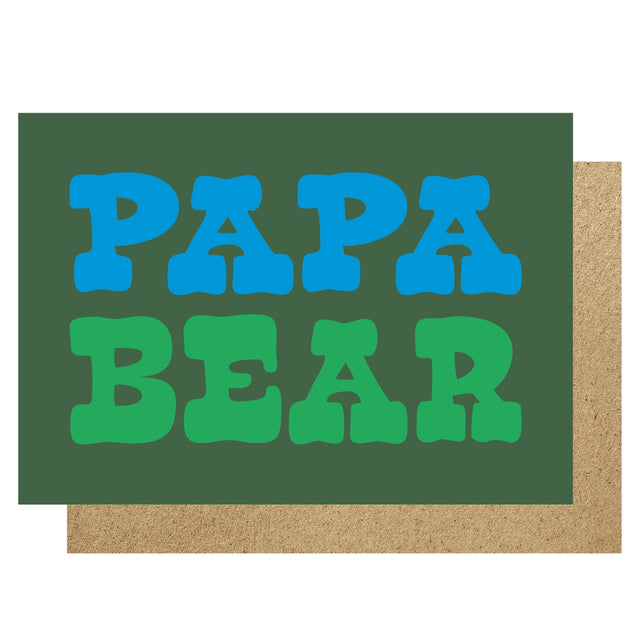 Card with 'Papa Bear' text in blue and green on a green background