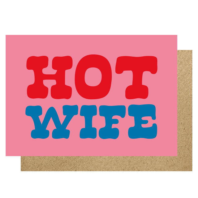Card with 'HOT WIFE' text in red and blue on a pink background
