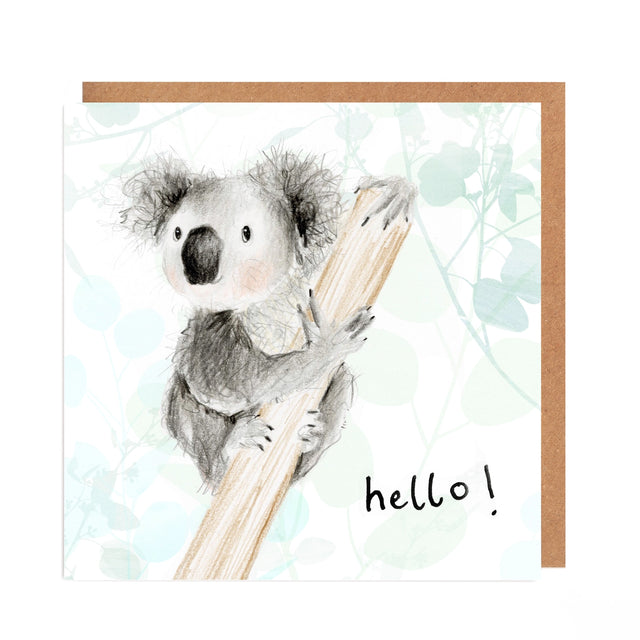 Greeting card with a koala holding a branch and the word 'hello!' on a light background.