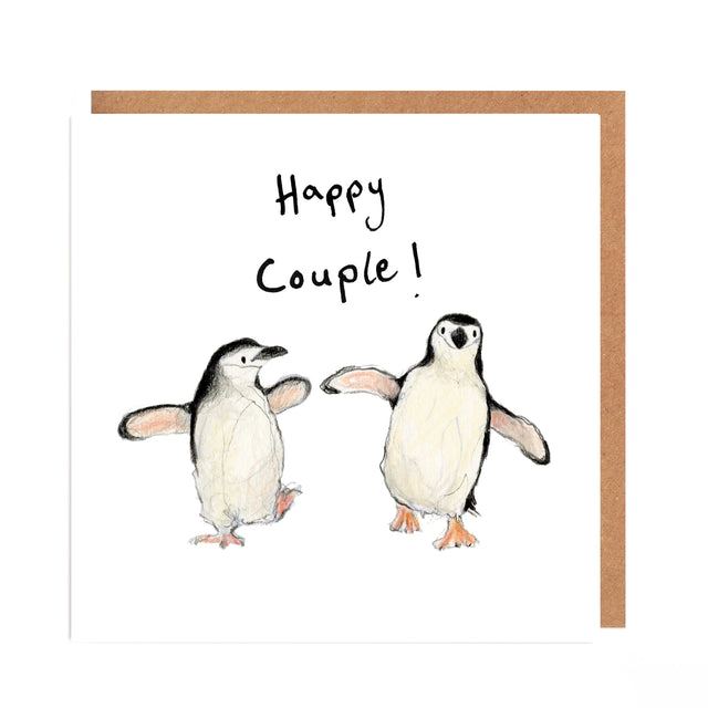 Card with two penguins and the text 'Happy Couple!' on a white background.