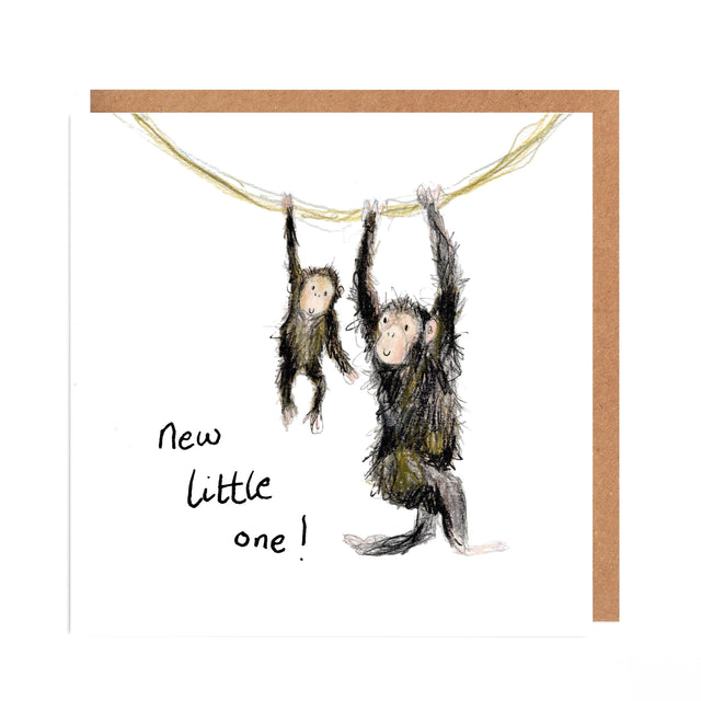 Illustration of two monkeys hanging from a rope with 'New little one!' text on a white background.