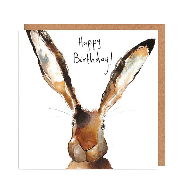 Birthday card with a rabbit illustration and 'Happy Birthday!' text on a white background.