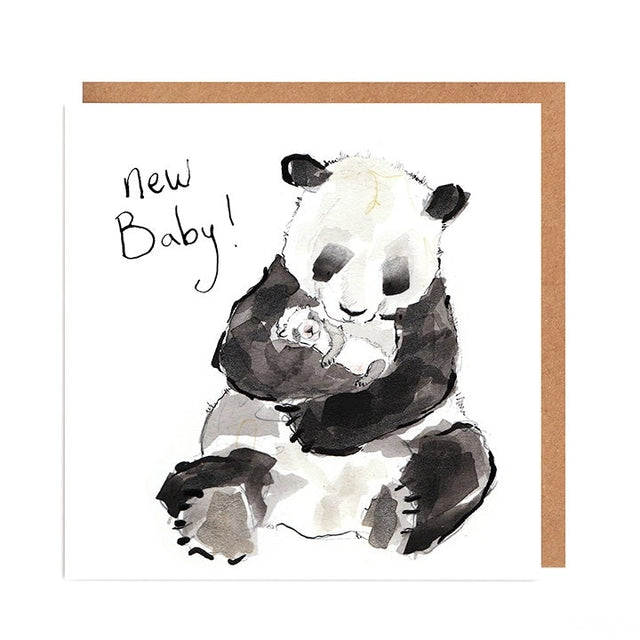 Greeting card with a panda holding a baby and 'New Baby!' text on a white background.