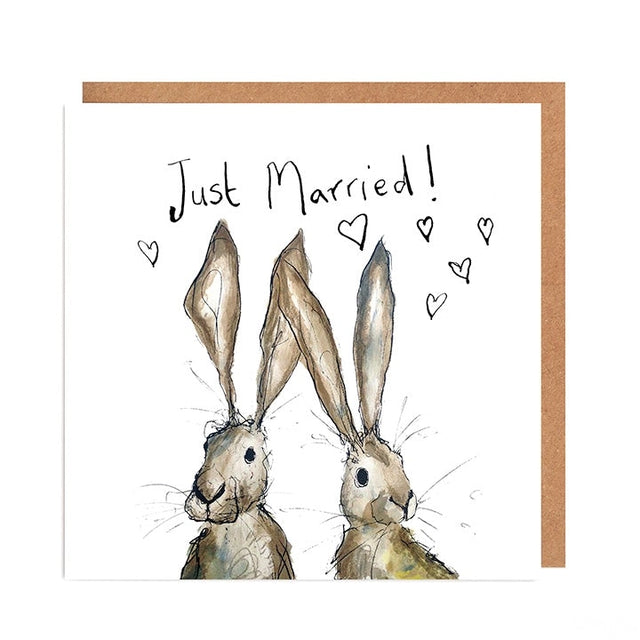 Card with two hares and 'Just Married!' text on a white background