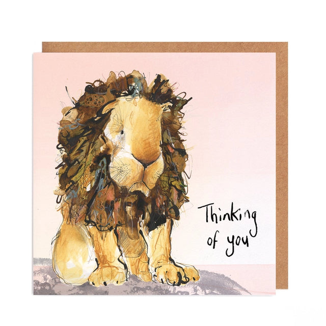 Card with a lion illustration and 'Thinking of you' text on a pink background