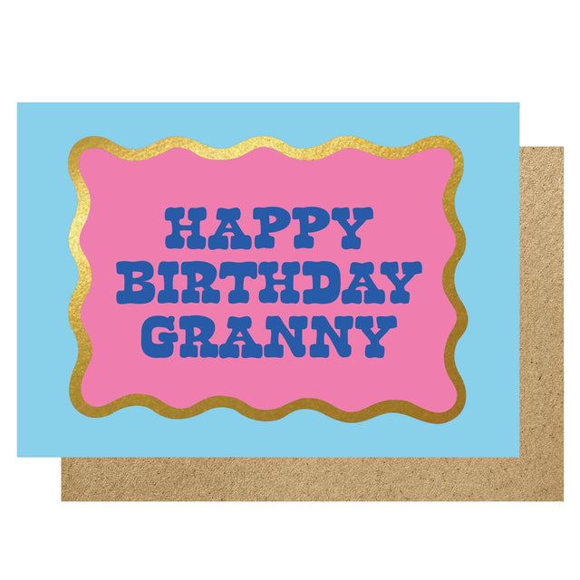 Birthday card for Granny with pink border and blue text on a light blue background