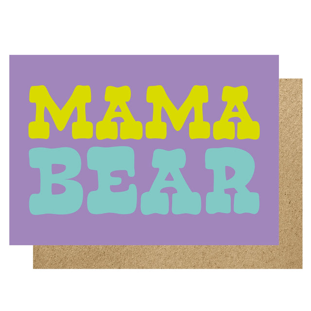 Card with 'MAMA BEAR' text on a purple background