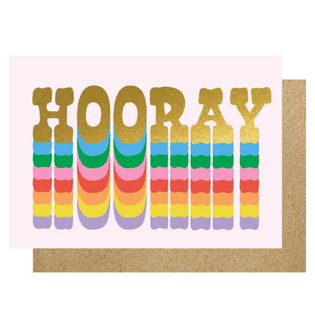 Colorful 'HOORAY' card with gold text on a white background