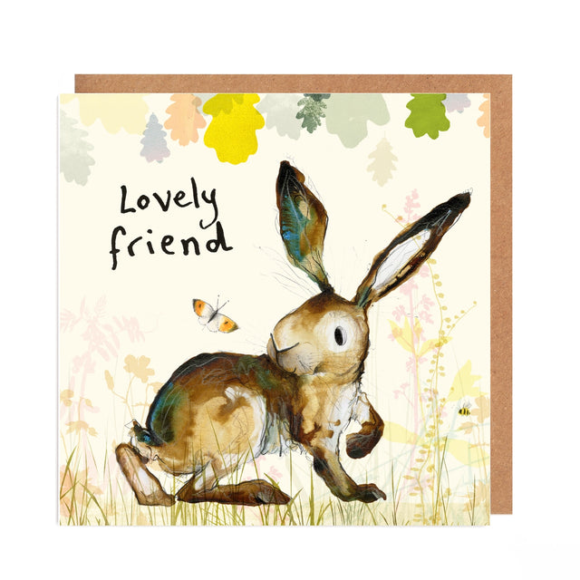 Greeting card with a rabbit illustration and 'Lovely friend' text on a floral background.