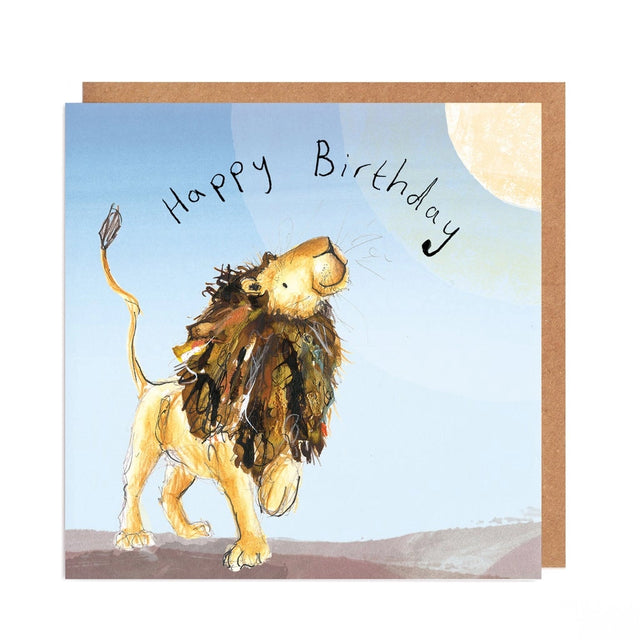 Birthday card with a lion illustration and 'Happy Birthday' text against a blue sky with a moon.
