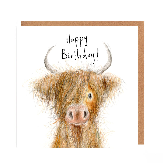 Birthday card with a highland cow illustration and 'Happy Birthday!' text.