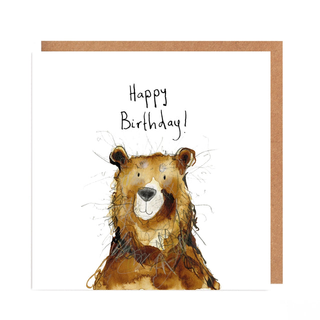 Birthday card with a bear illustration and 'Happy Birthday!' text on a white background.