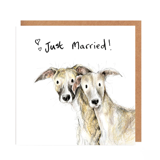 Card with two dogs and 'Just Married!' text on a white background