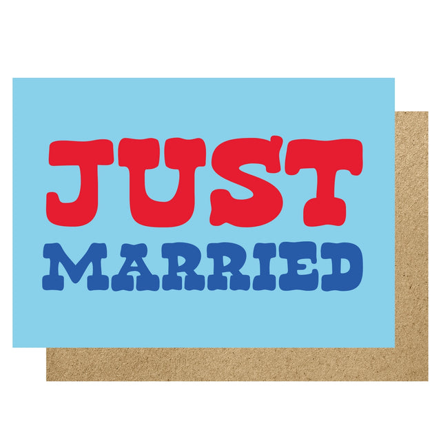 Card with 'JUST MARRIED' text in red and blue on a light blue background
