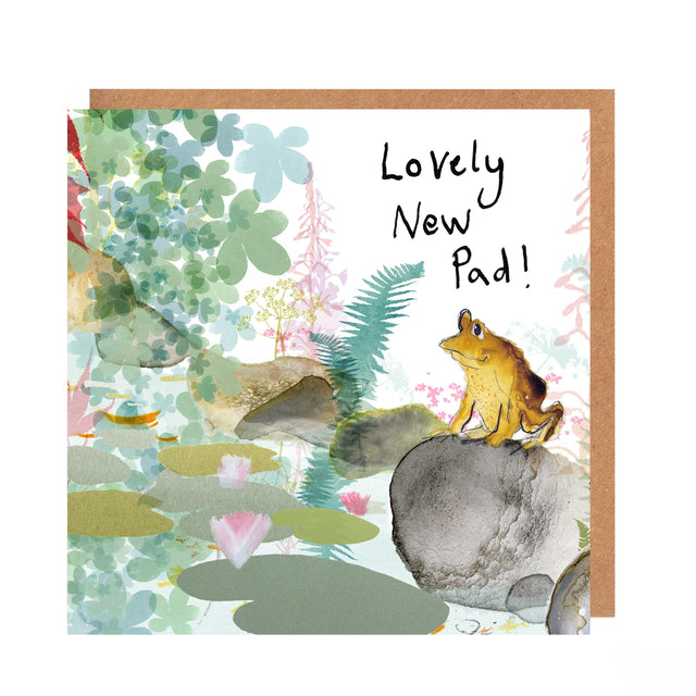 Greeting card with a frog on a rock in a pond illustration and 'Lovely New Pad!' text.