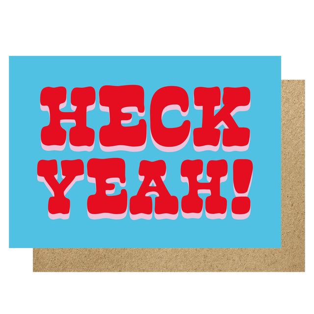 Card with 'HECK YEAH!' text on a blue background