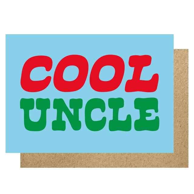 Card with 'COOL UNCLE' text in red and green on a blue background