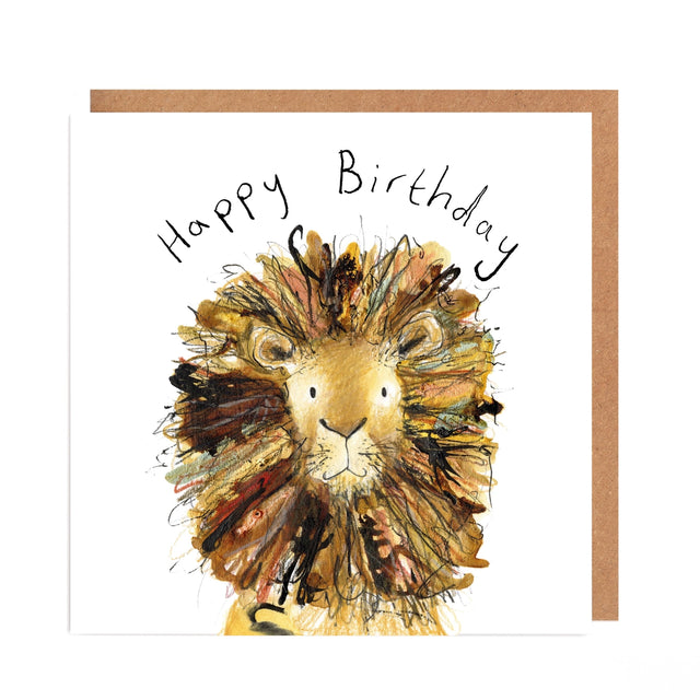 Birthday card with a lion illustration and 'Happy Birthday' text on a white background.