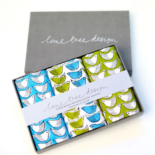 Three Cotton Hankies: Turquoise & Green Birds