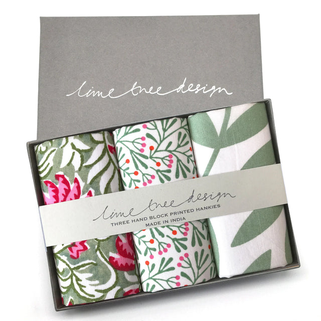 Hand Block Printed Cotton Hankies: Pink & Green