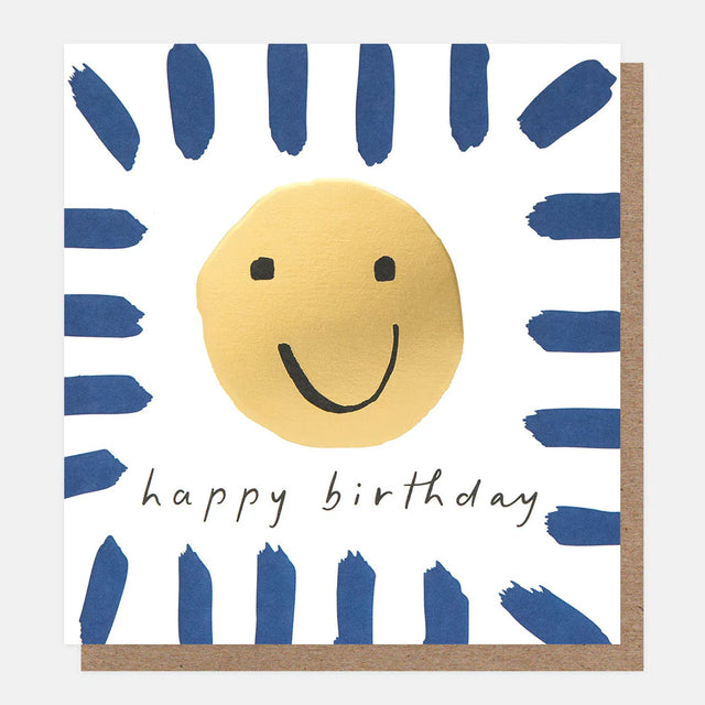 Happy birthday card with a smiley face and blue brush strokes on a white background