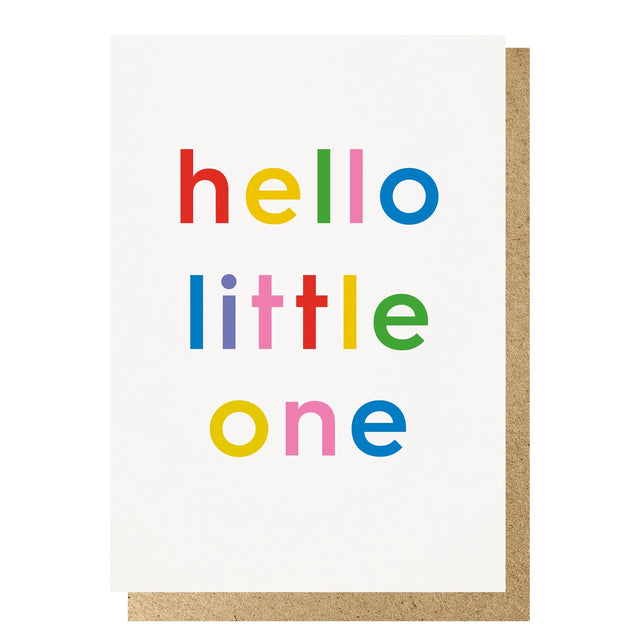 Greeting card with 'hello little one' in colorful letters on a white background