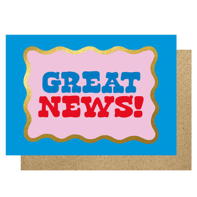 Card with 'GREAT NEWS!' text on a blue background