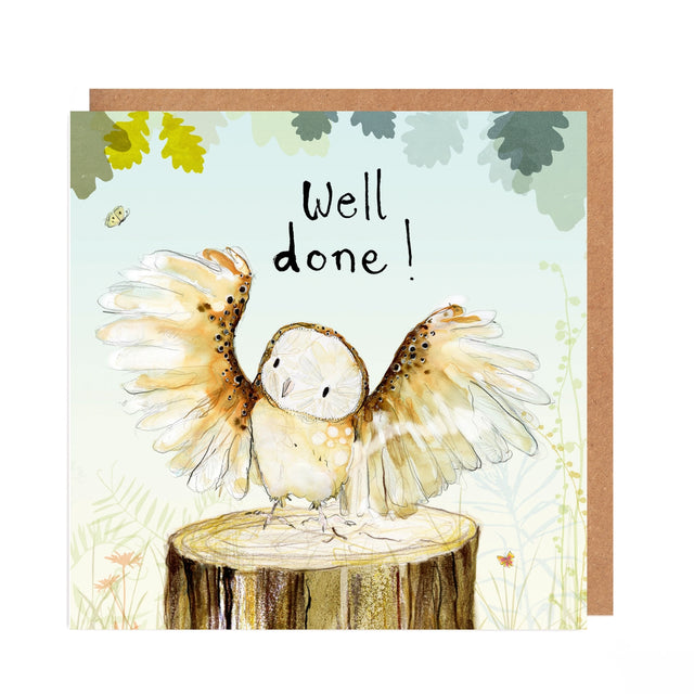 Greeting card with an owl illustration and 'Well done!' text on a nature-themed background.