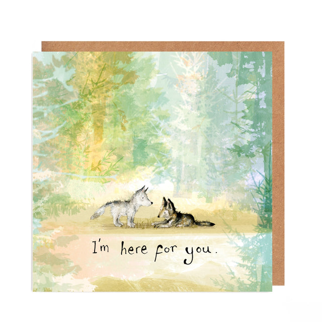 Card with two wolves in a forest and 'I'm here for you' text on a watercolor background.