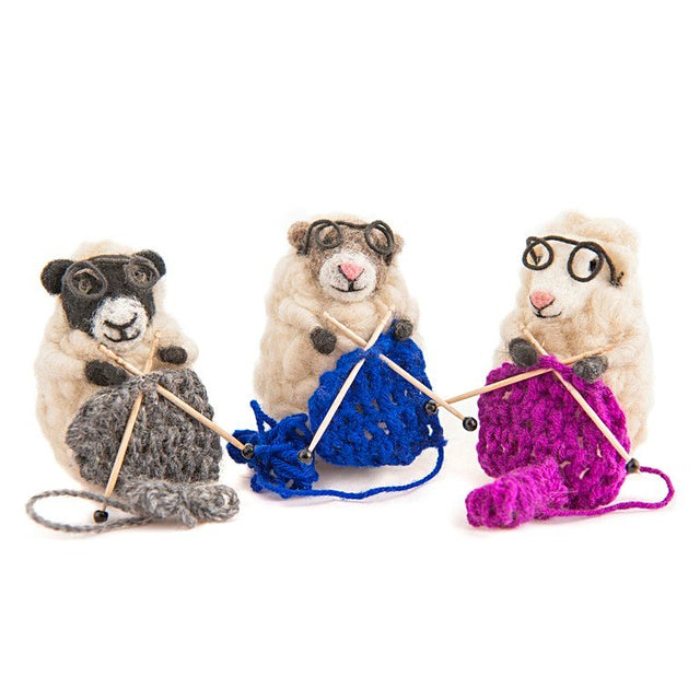 Knitting Sheep Felt Decoration: Grey