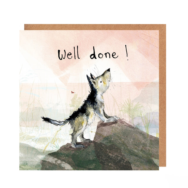 Greeting card with a fox illustration and 'Well done!' text on a pastel background