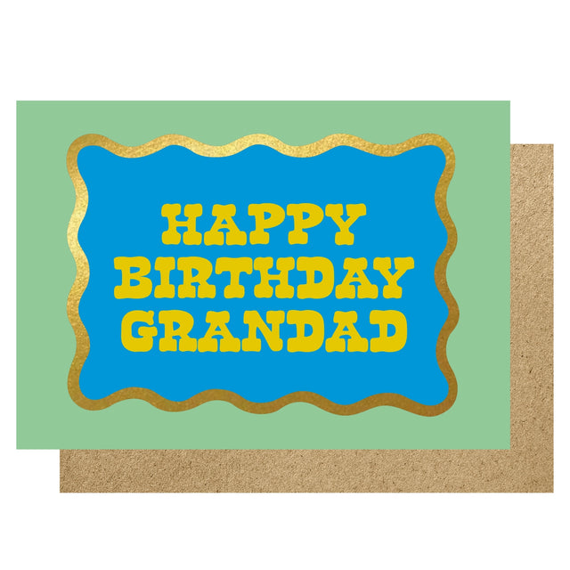 Birthday card for grandad with blue border and yellow text on a green background