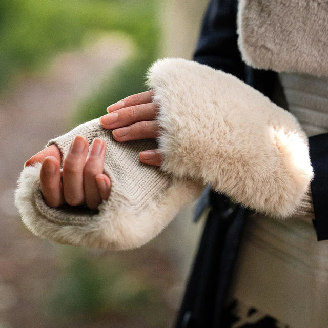 Faux Fur Fingerless Gloves: Mocha Cream