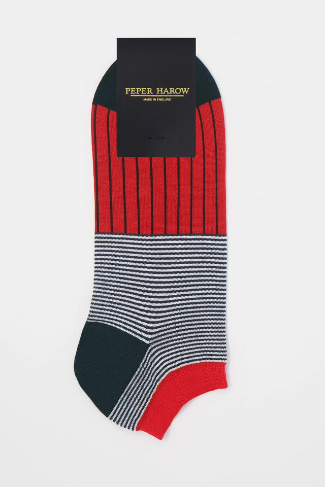 Oxford Stripe Men's Trainer Socks - Scarlet - Peper Harow