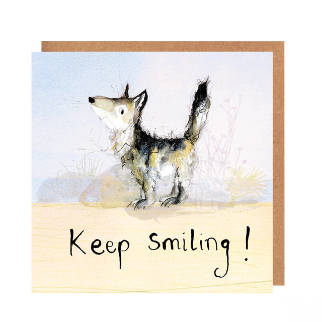 Greeting card with a wolf illustration and 'Keep smiling!' text on a white background