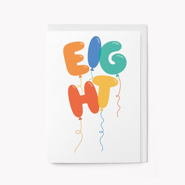Colorful balloon-themed letters spelling 'EIGHT' on a white background