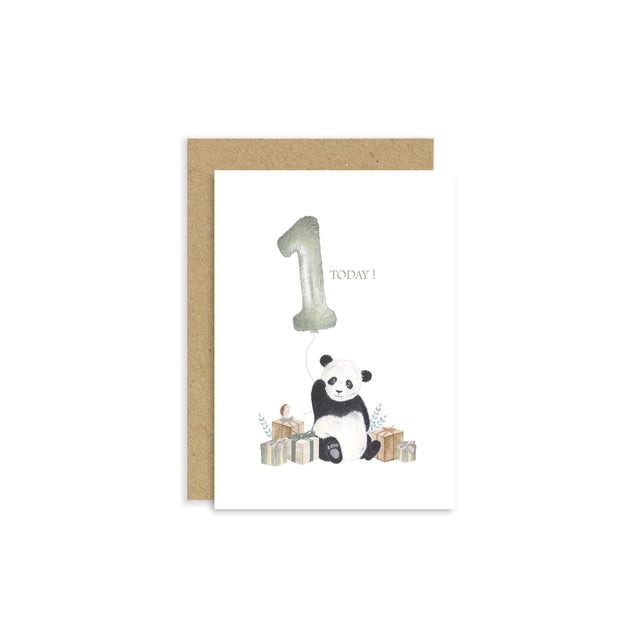 Greeting card with a panda and number one balloon on a white background
