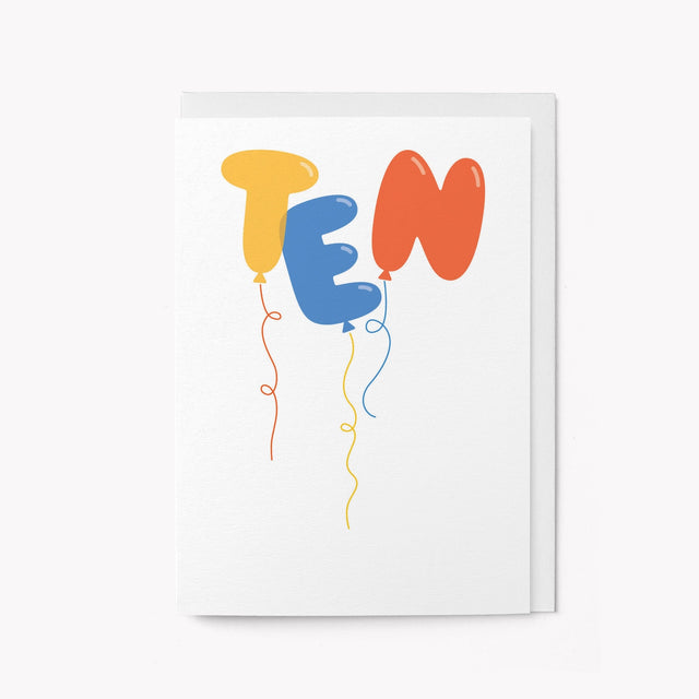 Colorful balloons spelling 'TEN' on a white background