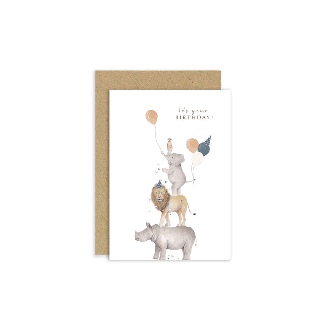 Greeting card with illustrations of animals and balloons on a white background