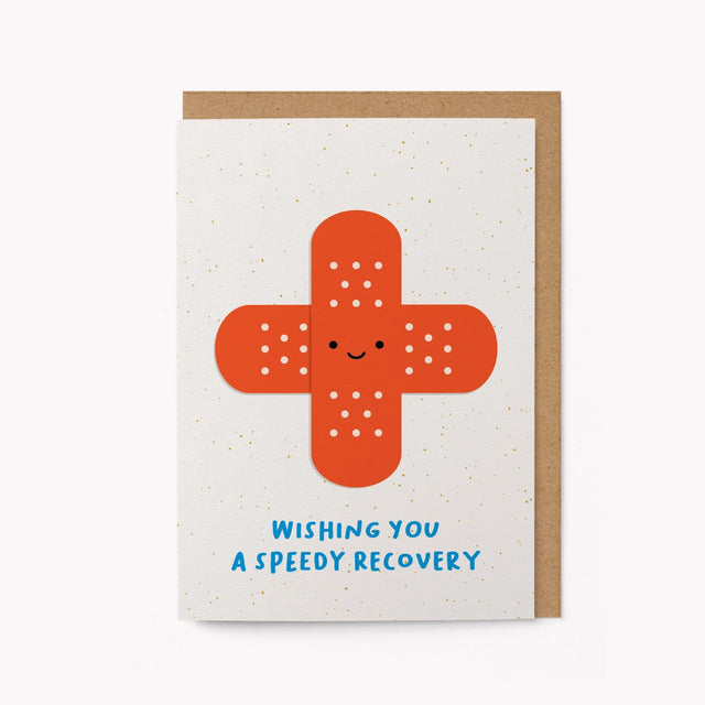 Card with a smiling bandage and text 'Wishing you a speedy recovery' on a white background.