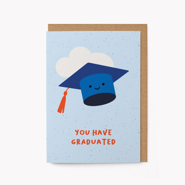 Graduation-themed greeting card with a blue cap and tassel on a light blue background.