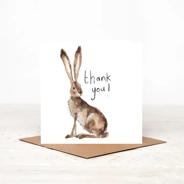 Greeting card with a rabbit illustration and 'thank you!' text on a white background