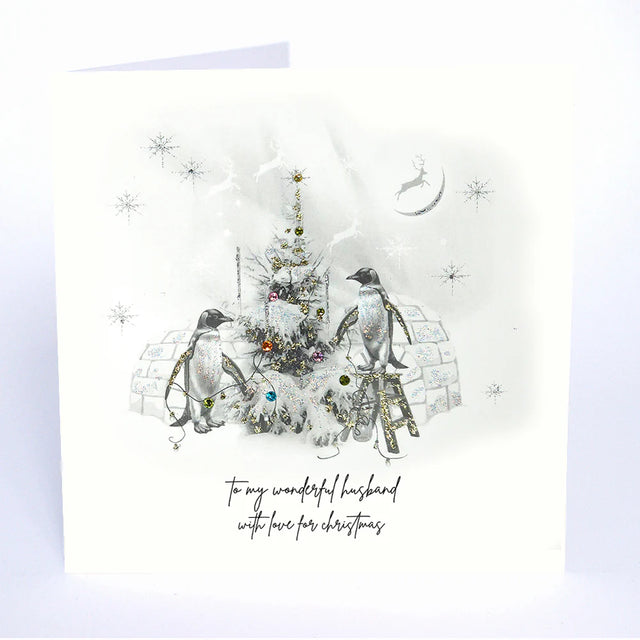 Wonderful Husband: Penguins & Tree Christmas Card - Five Dollar Shake