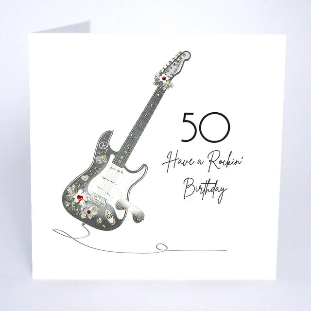 Greeting card with a guitar illustration and '50 Have a Rockin' Birthday' text on a white background