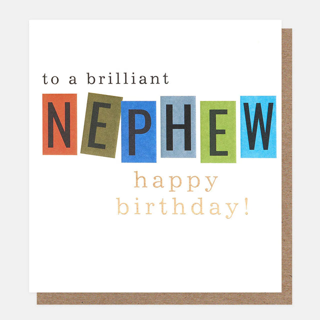 Birthday card for a nephew with colorful letters spelling 'NEPHew' on a white background.