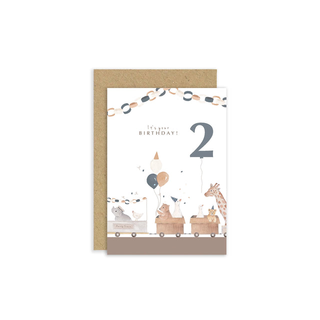 Children's birthday card with animals and number two on a white background