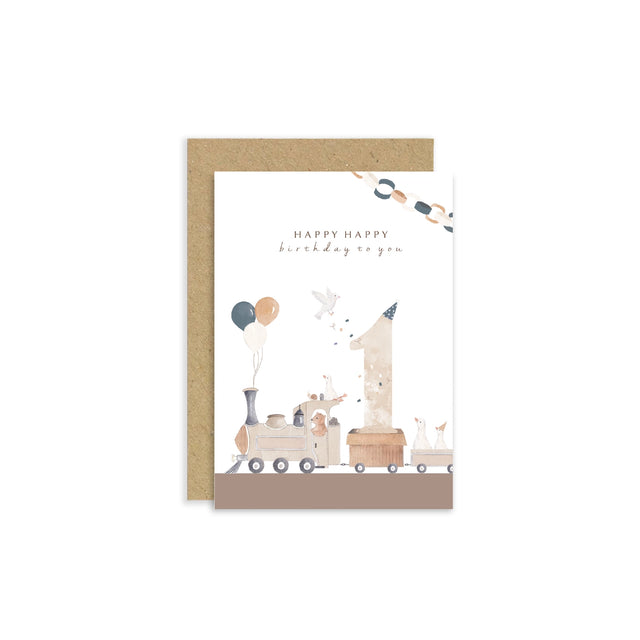 Children's birthday card with illustrations of a baby, balloons, and a number one on a white background.