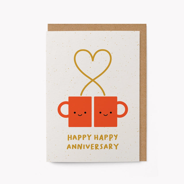 Greeting card with two red mugs forming a heart and 'Happy Happy Anniversary' text on a white background.
