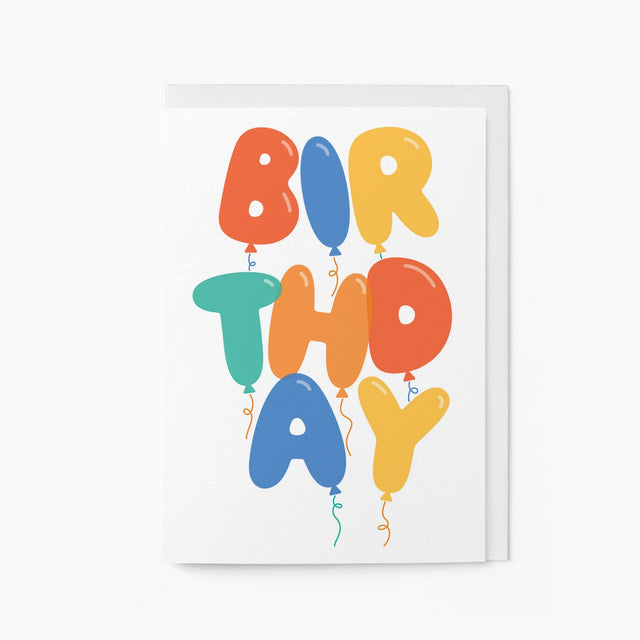 Colorful 'BIRTHDAY' text with balloon designs on a white background