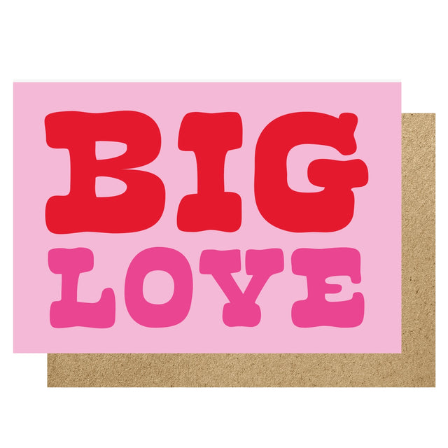 Card with 'BIG LOVE' text in red and pink on a pink background